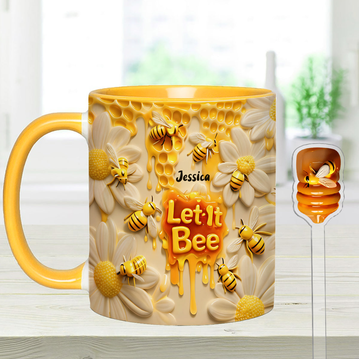 Let It Bee, Bee Flowers – Personalisierter Bienen-Akzentbecher mit Acryl-Rührstäbchen