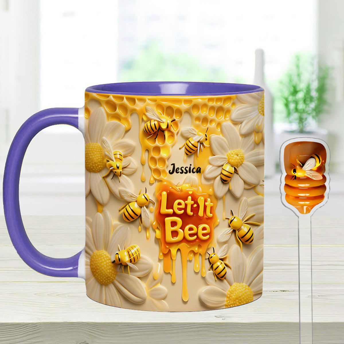 Let It Bee, Bee Flowers – Personalisierter Bienen-Akzentbecher mit Acryl-Rührstäbchen