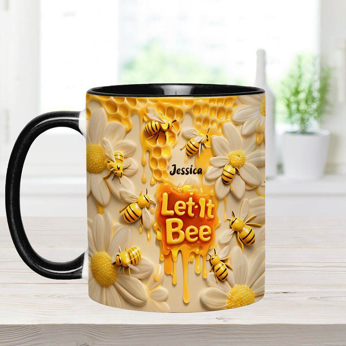 Let It Bee, Bee Flowers – Personalisierter Bienen-Akzentbecher mit Acryl-Rührstäbchen