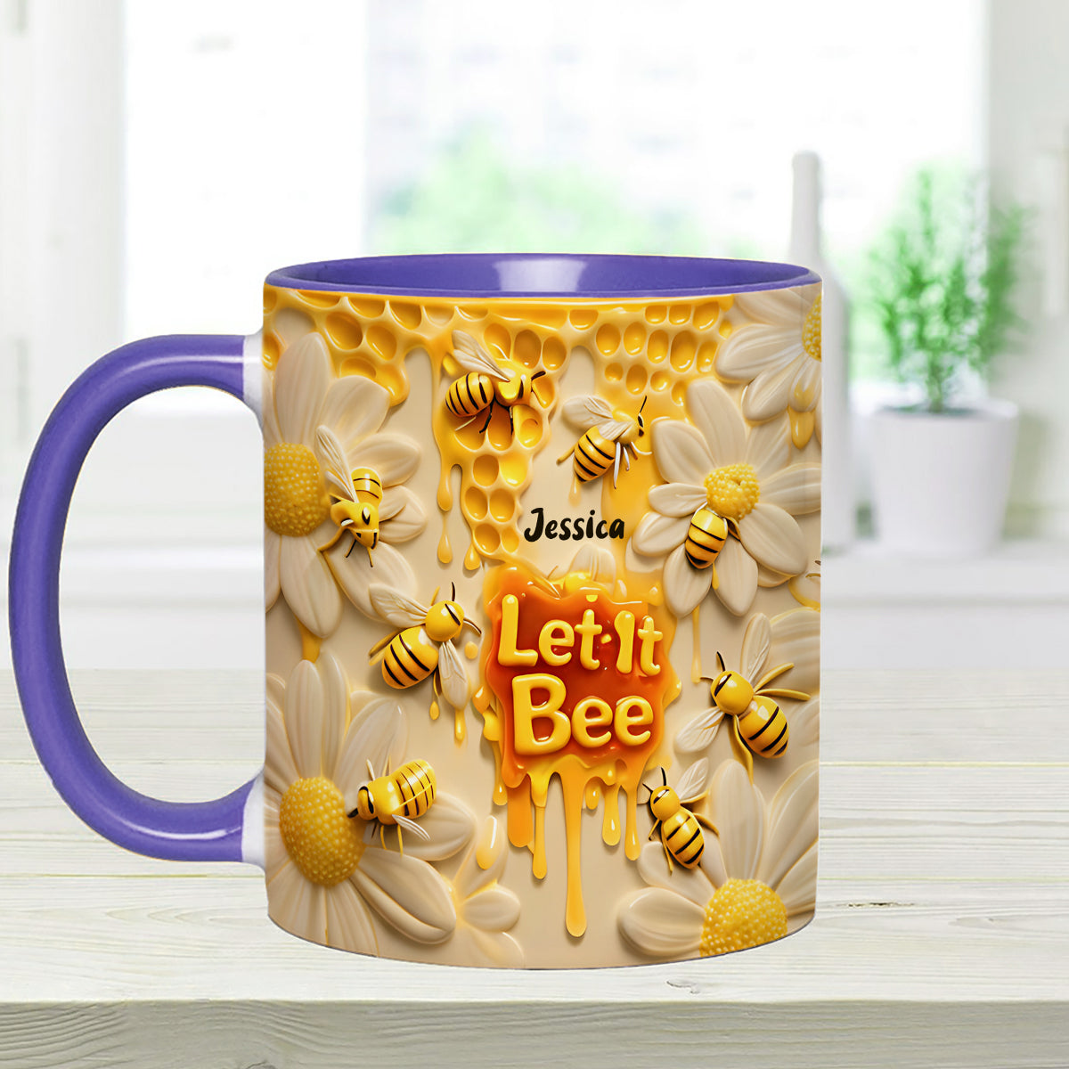 Let It Bee, Bee Flowers – Personalisierter Bienen-Akzentbecher mit Acryl-Rührstäbchen