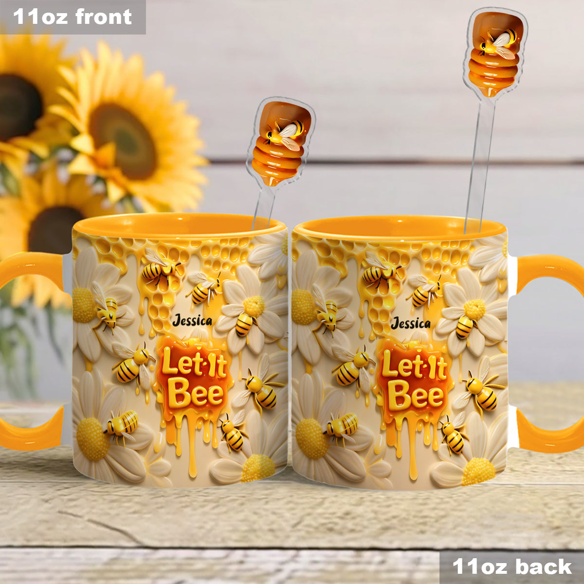 Let It Bee, Bee Flowers – Personalisierter Bienen-Akzentbecher mit Acryl-Rührstäbchen