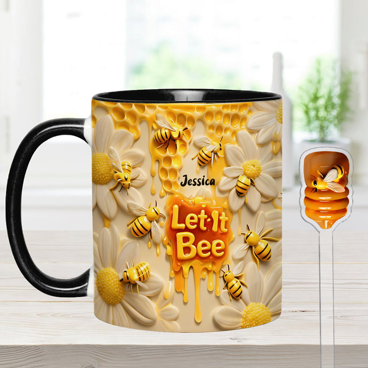 Let It Bee, Bee Flowers – Personalisierter Bienen-Akzentbecher mit Acryl-Rührstäbchen