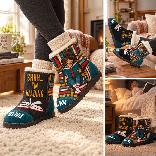 Shhh Ich lese - Personalisierte Buch-Faux-Fur-Boot-Slipper