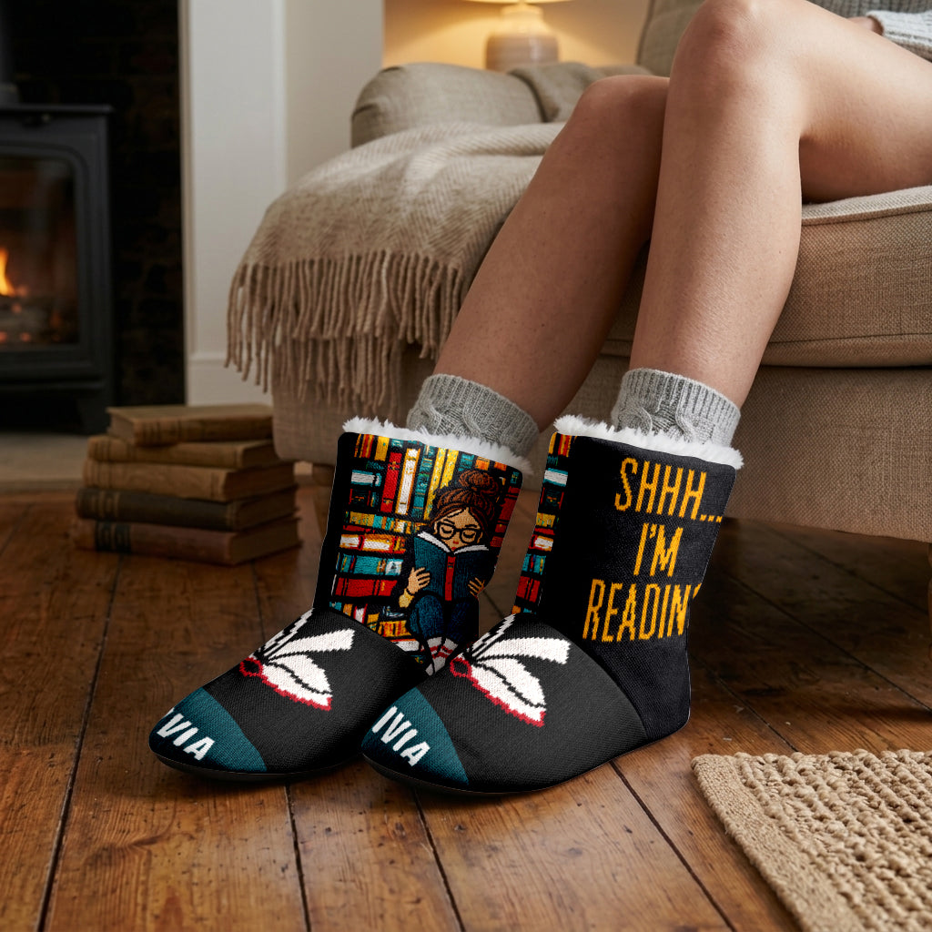 Shhh I'm Reading - Personalized Book Faux Fur Boot Slippers