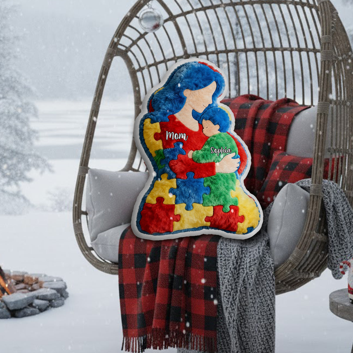 Mutter und Kind – Personalisiertes Kissen in Autismus-Form aus Kunstfell