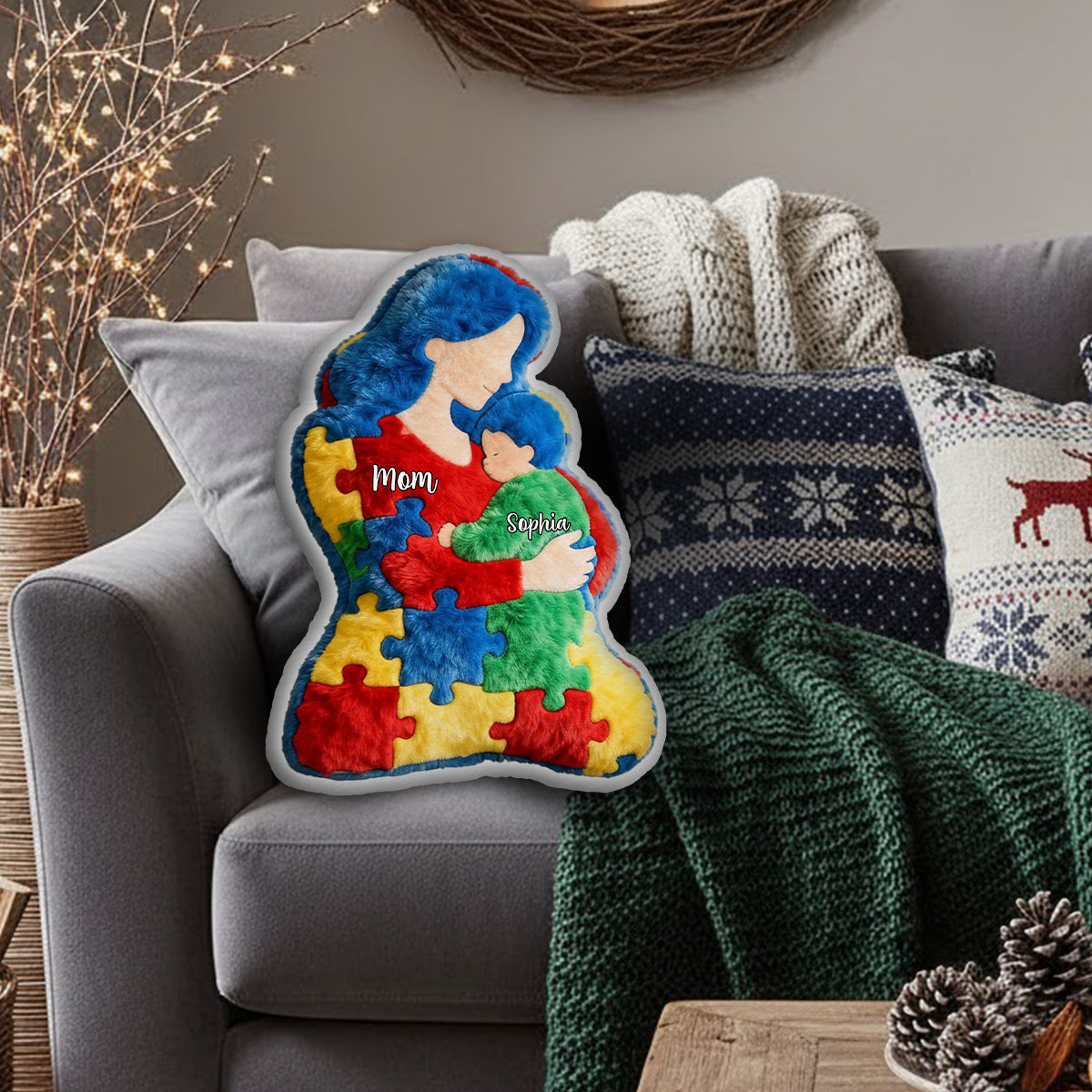 Mutter und Kind – Personalisiertes Kissen in Autismus-Form aus Kunstfell