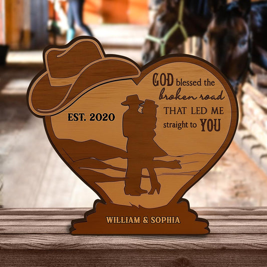 Cowboy-Paar – Gott segne den zerbrochenen Weg – Personalisierte Holzplakette in individueller Paarform