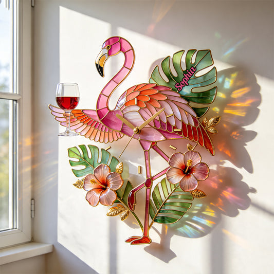 Elegante Flamingo Tropenflair - Personalisierte Flamingo Acrylwanduhr