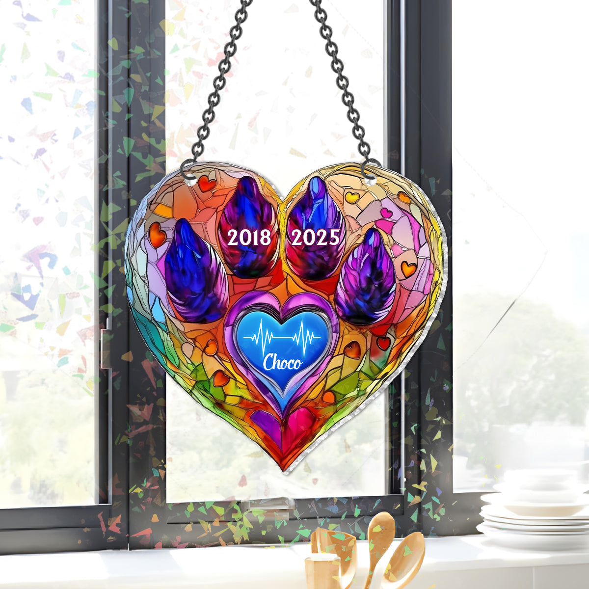 Regenbogenbrücke – Haustier-Gedenkstück – Personalisierter Hologramm-Fensterhänger mit Hunde-Gedenkmotiv