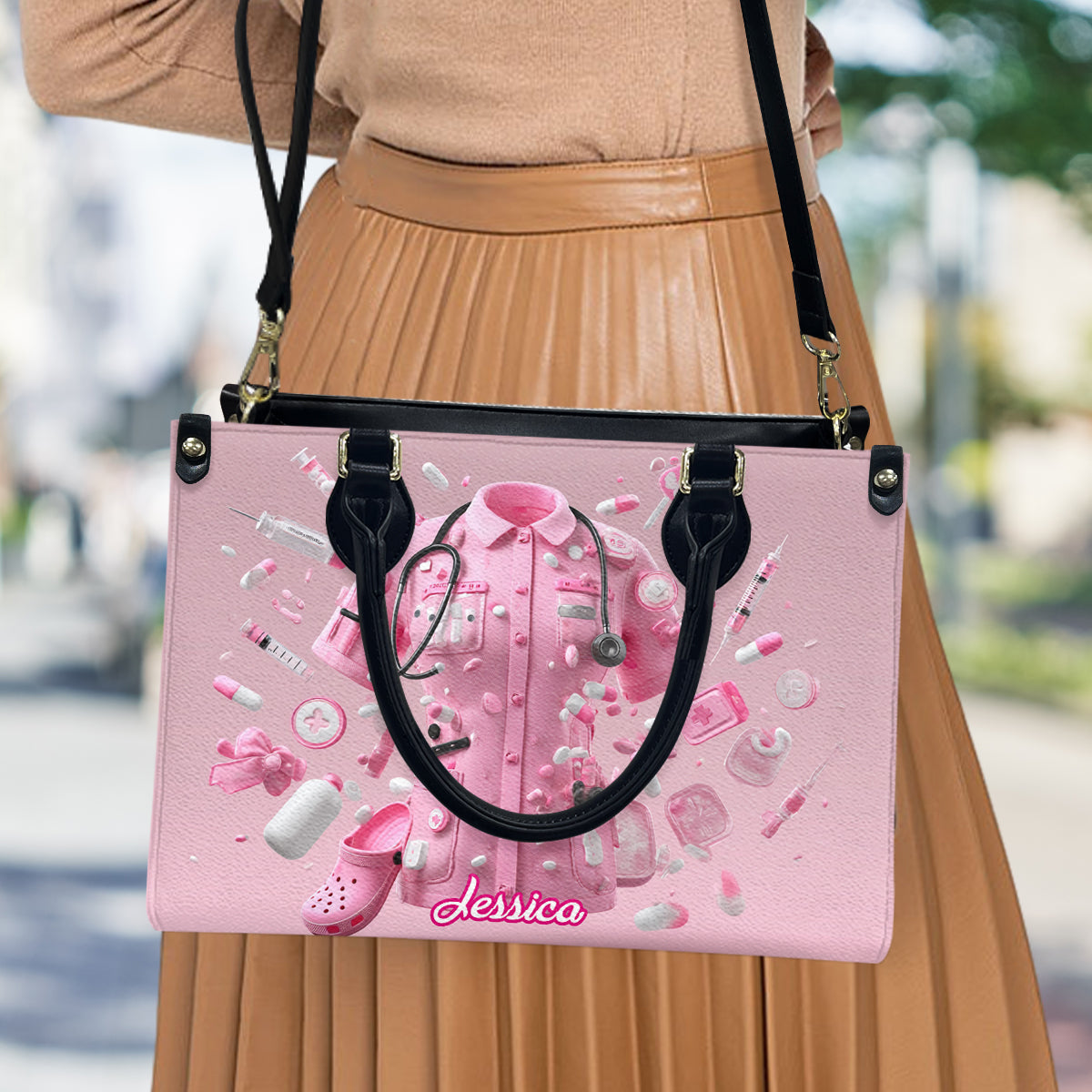 Krankenpflege ist eine Herzensangelegenheit – Personalisierte Lederhandtasche für Krankenschwestern