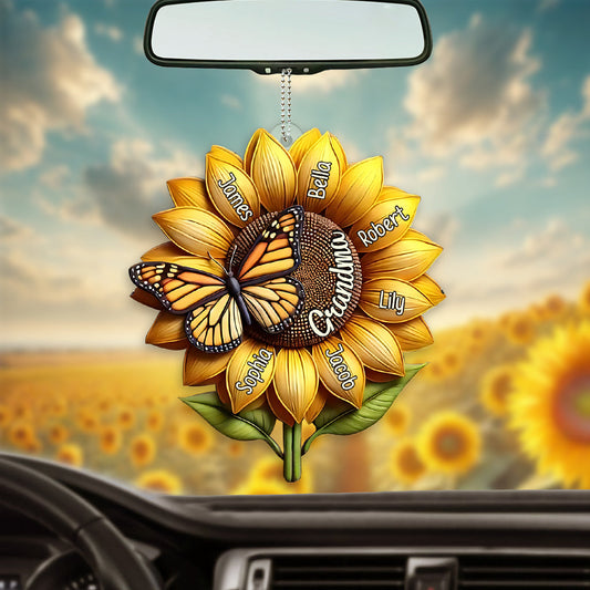 Sonnenblumen-Geschenk für Oma und Mama – Personalisierter transparenter Autoanhänger für Oma