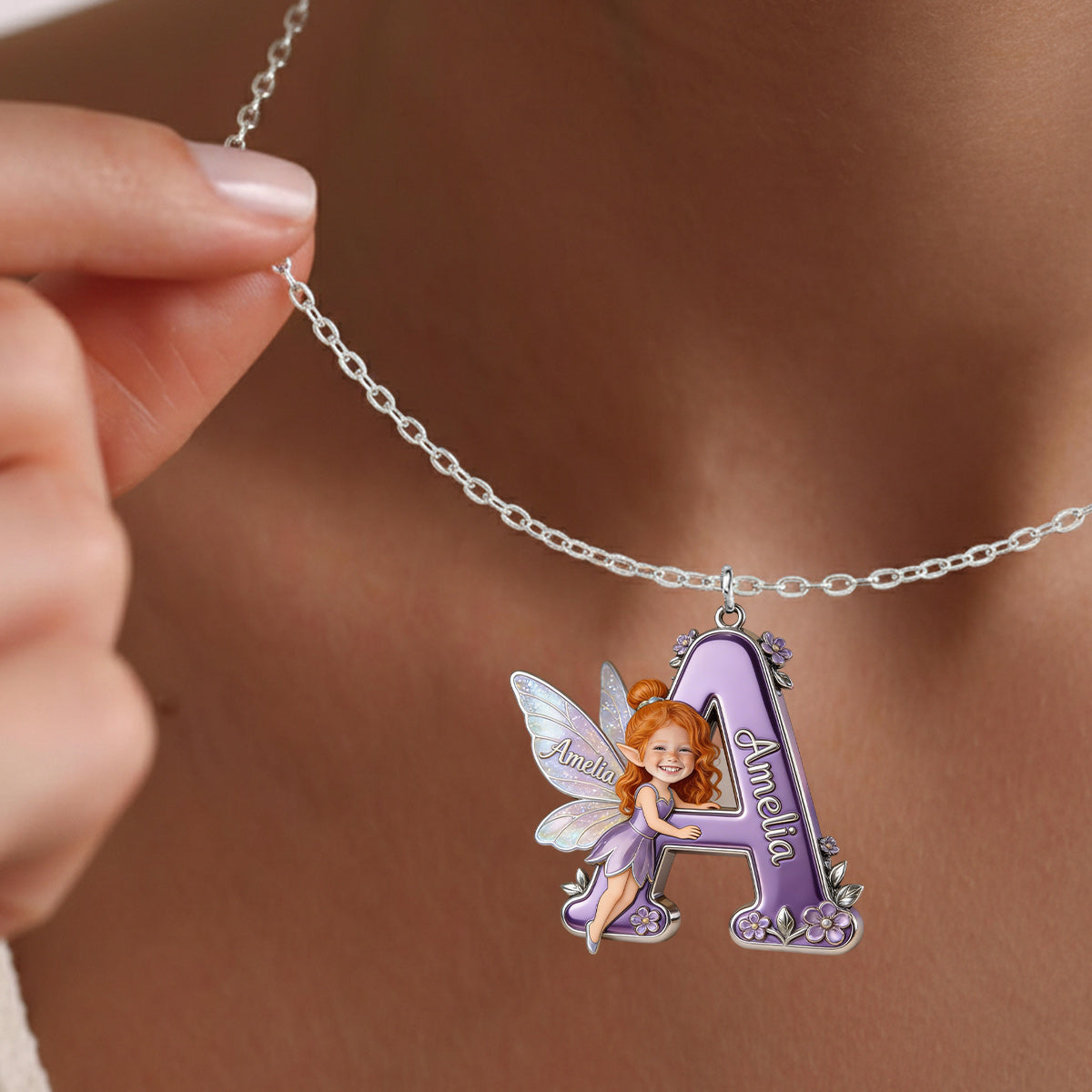 Fairy Character Alphabet Letter - Personalized Kid Shaped Metal Pendant Necklace