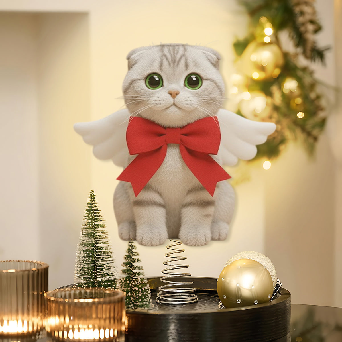 Frohe Weihnachten – Personalisierte LED-Baumspitze mit Katzenmotiv