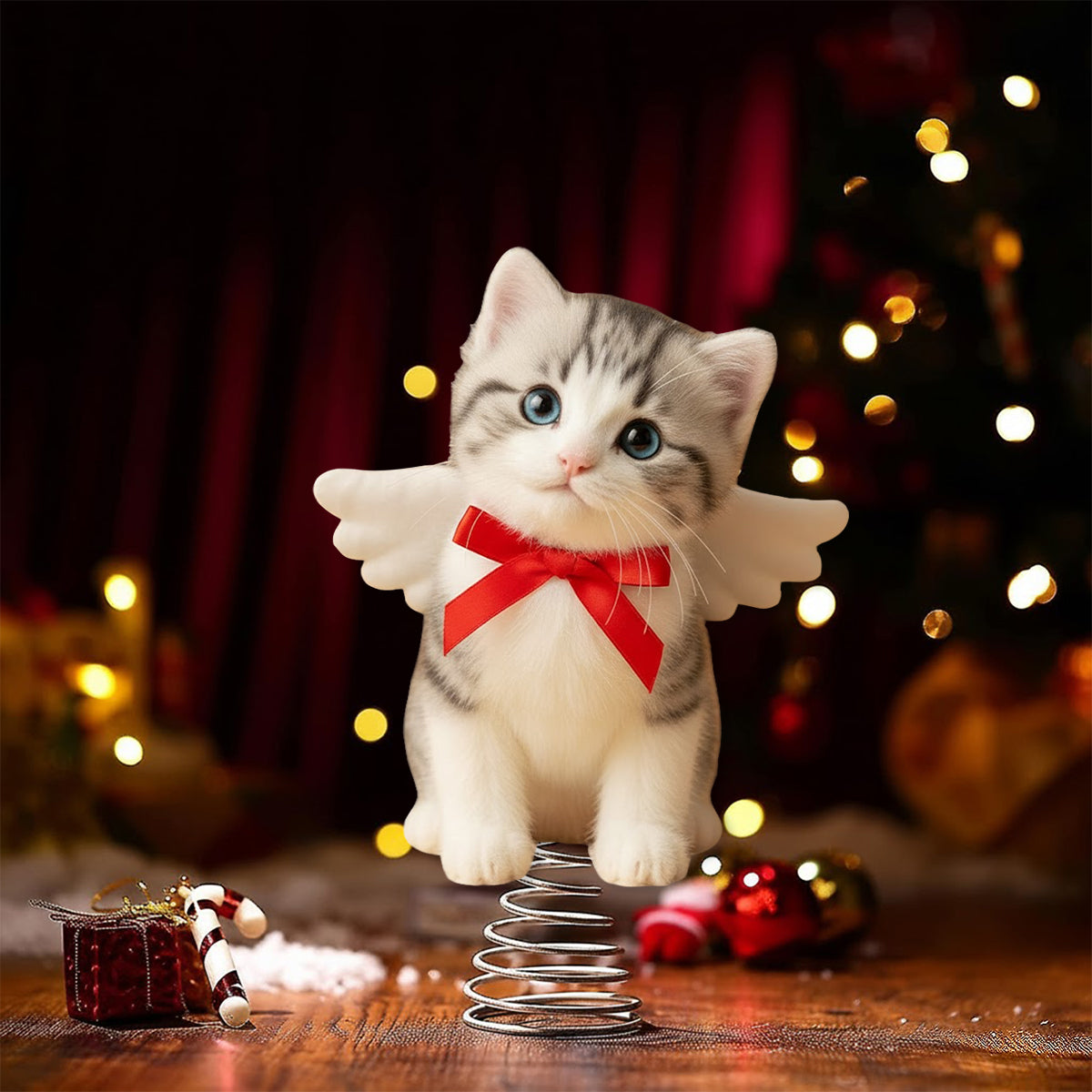 Frohe Weihnachten – Personalisierte LED-Baumspitze mit Katzenmotiv