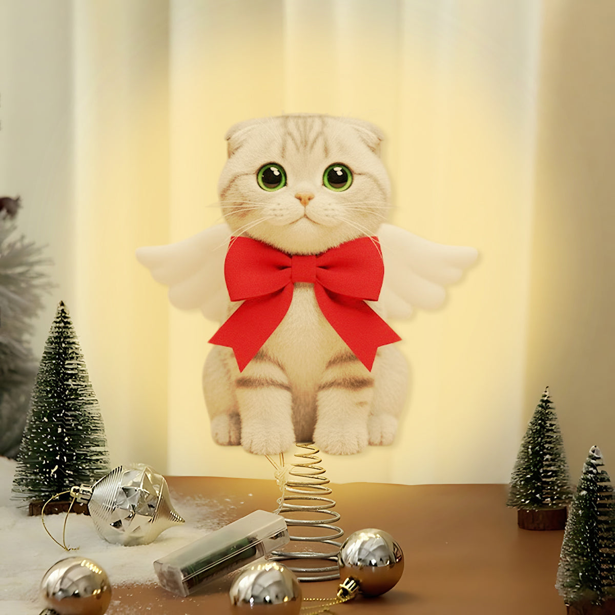 Frohe Weihnachten – Personalisierte LED-Baumspitze mit Katzenmotiv