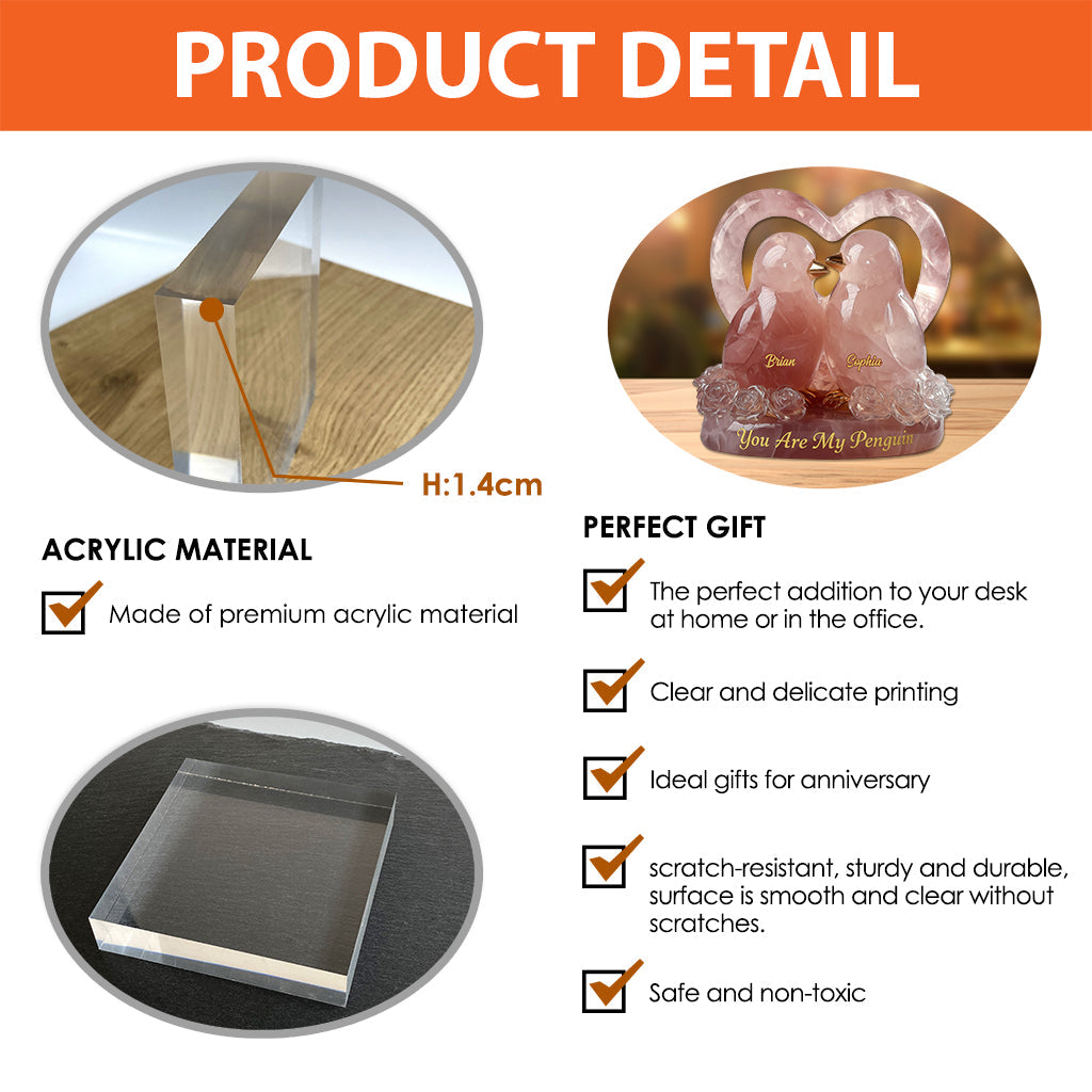 Du bist mein Pinguin, Pinguinpaar im Rosenquarz-Stil - Personalisierte Acrylplakette in individueller Form für Paare
