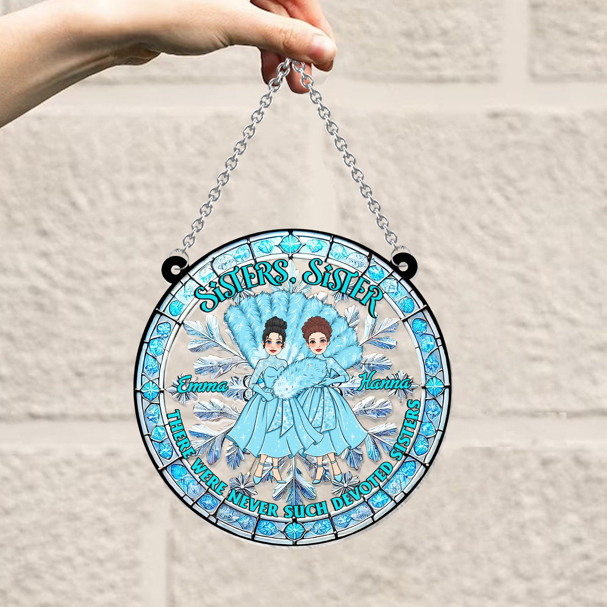 So hingebungsvolle Schwestern gab es nie – personalisierter Sonnenfänger fürs Fenster mit Schwestermotiv 