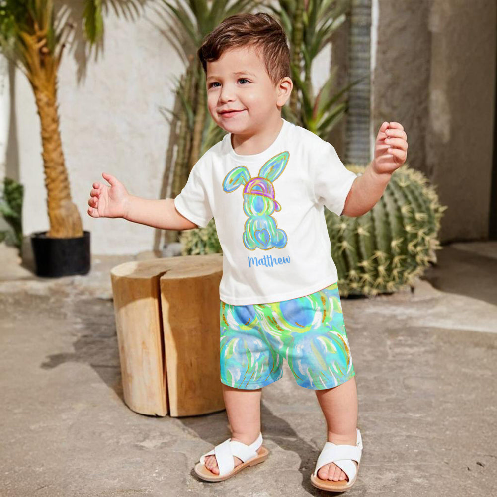 Bunte Osterhasen mit Pinselstrichmotiven – personalisiertes Kinder-T-Shirt & Shorts
