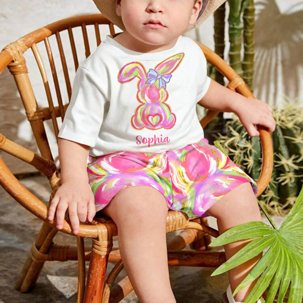 Bunte Osterhasen mit Pinselstrichmotiven – personalisiertes Kinder-T-Shirt & Shorts