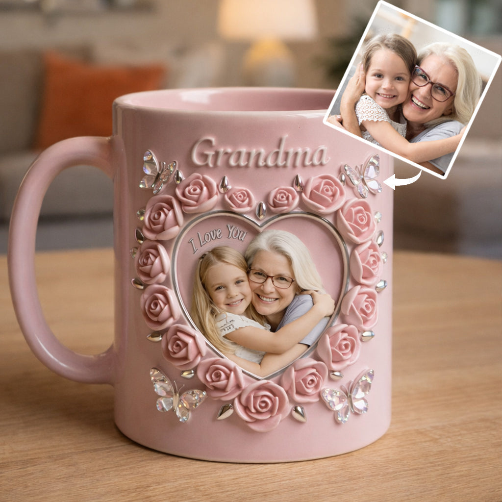 Personalisierte Tasse mit Foto, Geburtsblume, Blumenmotiv, Geschenk für sie/Mutter/Oma... - Personalisierte Tasse mit Oma-Akzent