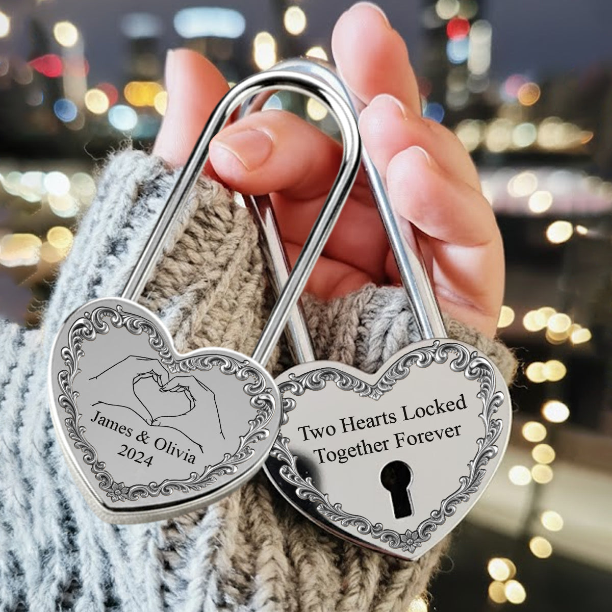 Two Hearts Locked Together Forever - Personalized Couple Heart Padlock