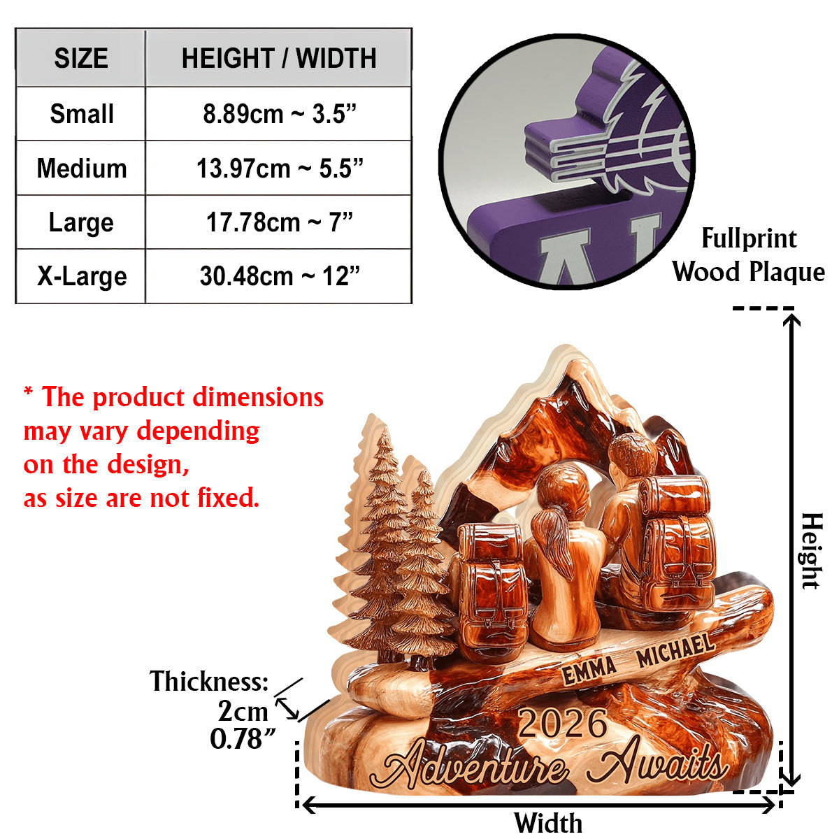 Wanderabenteuer für Paare erwartet Sie – personalisierte, individuell geformte Wanderplakette aus Holz