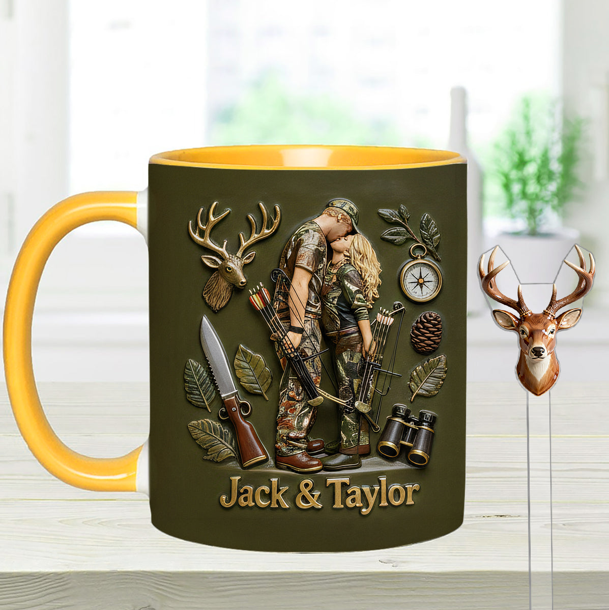 Individuell gestaltbar mit Foto – Personalisierter Jagd-Set-Becher mit Acryl-Rührstäbchen