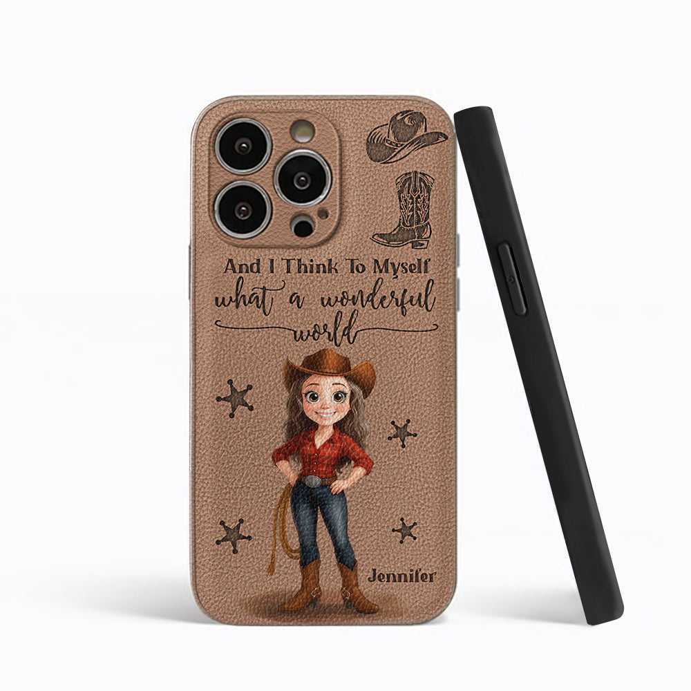 Cowgirl What A Wonderful World - Personalisierte Cowgirl-Handyhülle aus Leder
