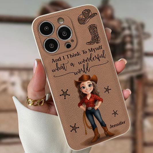 Cowgirl What A Wonderful World - Personalisierte Cowgirl-Handyhülle aus Leder
