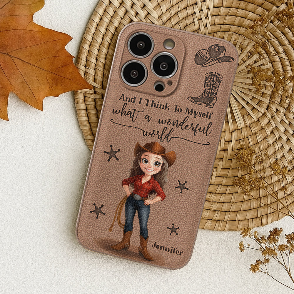 Cowgirl What A Wonderful World - Personalisierte Cowgirl-Handyhülle aus Leder