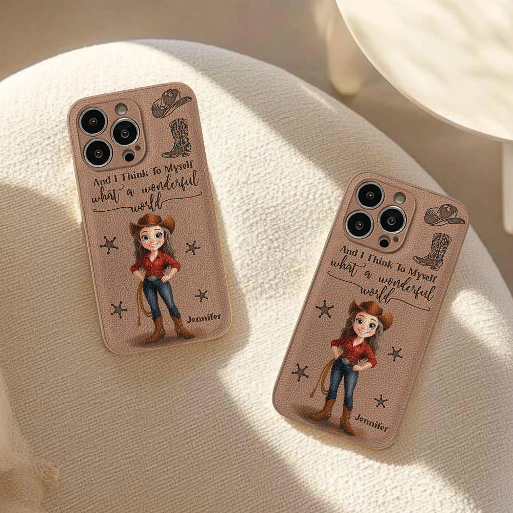 Cowgirl What A Wonderful World - Personalisierte Cowgirl-Handyhülle aus Leder