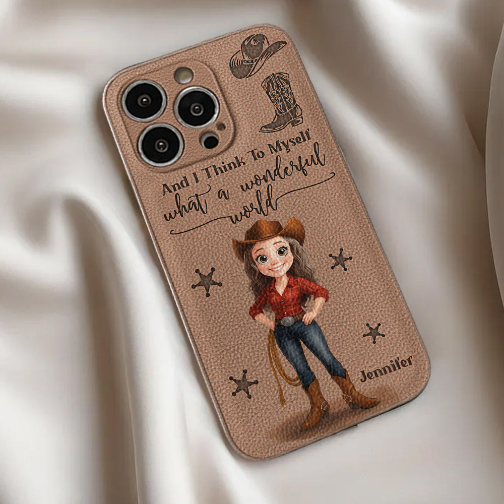 Cowgirl What A Wonderful World - Personalisierte Cowgirl-Handyhülle aus Leder
