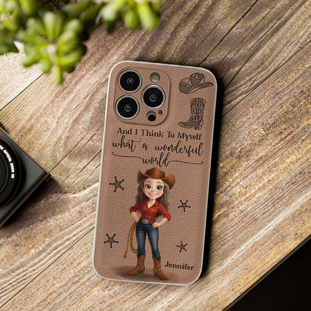 Cowgirl What A Wonderful World - Personalisierte Cowgirl-Handyhülle aus Leder