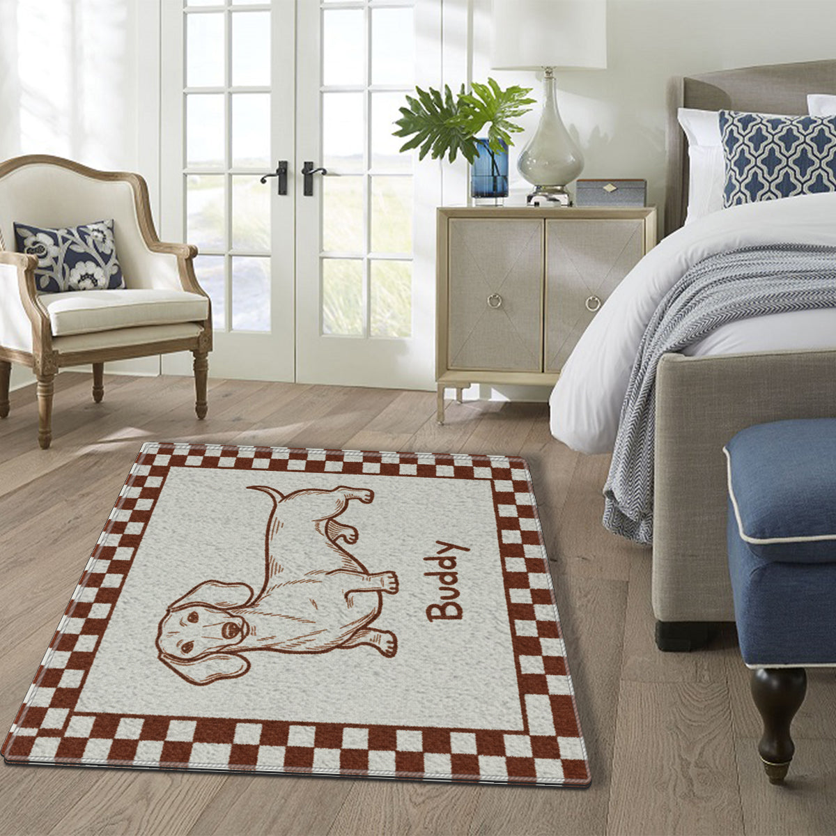 Individuell gestalteter, ausgefallener Haustierteppich im minimalistischen Stil mit schlechter Zeichnung – Retro-Geschenkidee für Haustiere – Personalisierter, rutschfester, getufteter Hundeteppich