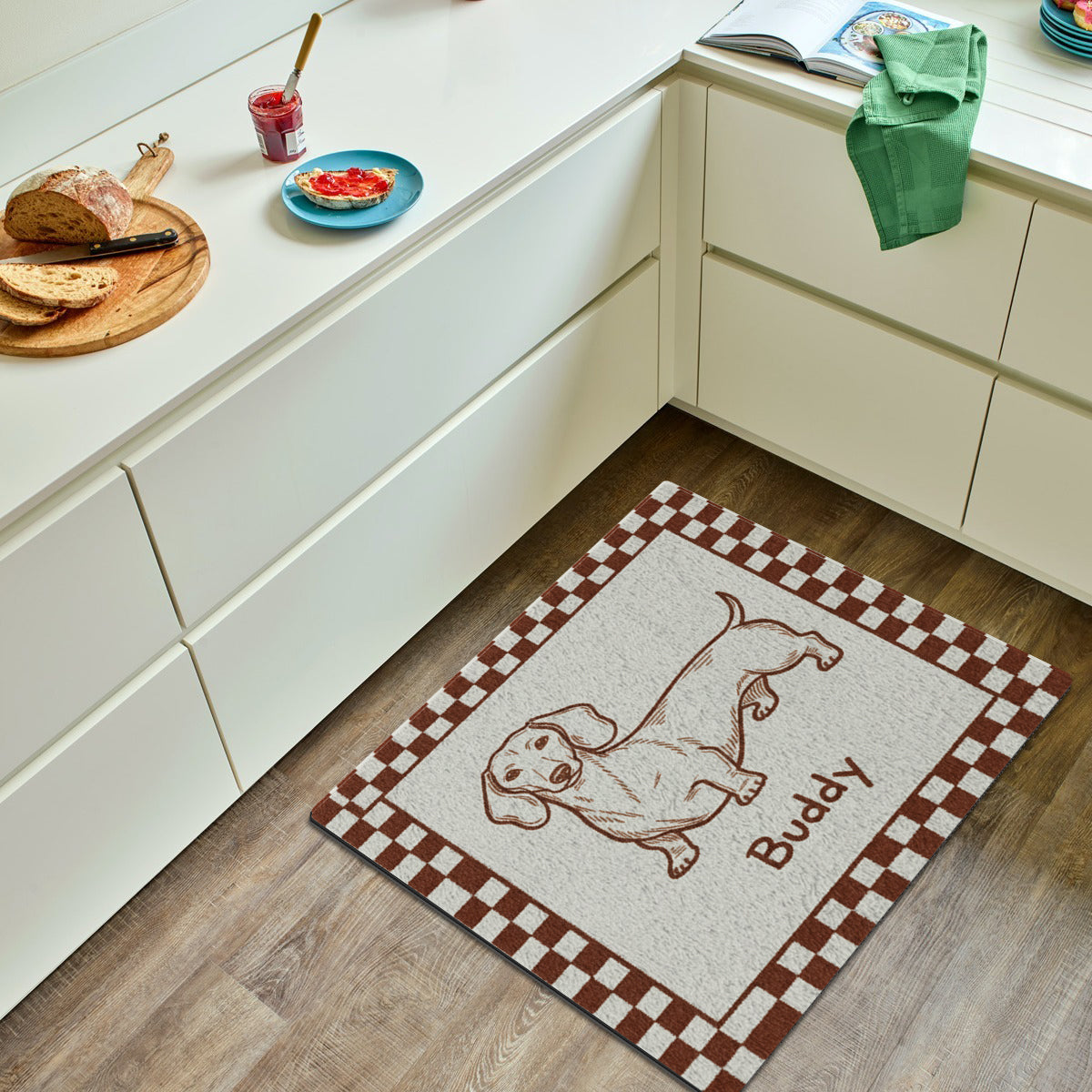 Individuell gestalteter, ausgefallener Haustierteppich im minimalistischen Stil mit schlechter Zeichnung – Retro-Geschenkidee für Haustiere – Personalisierter, rutschfester, getufteter Hundeteppich