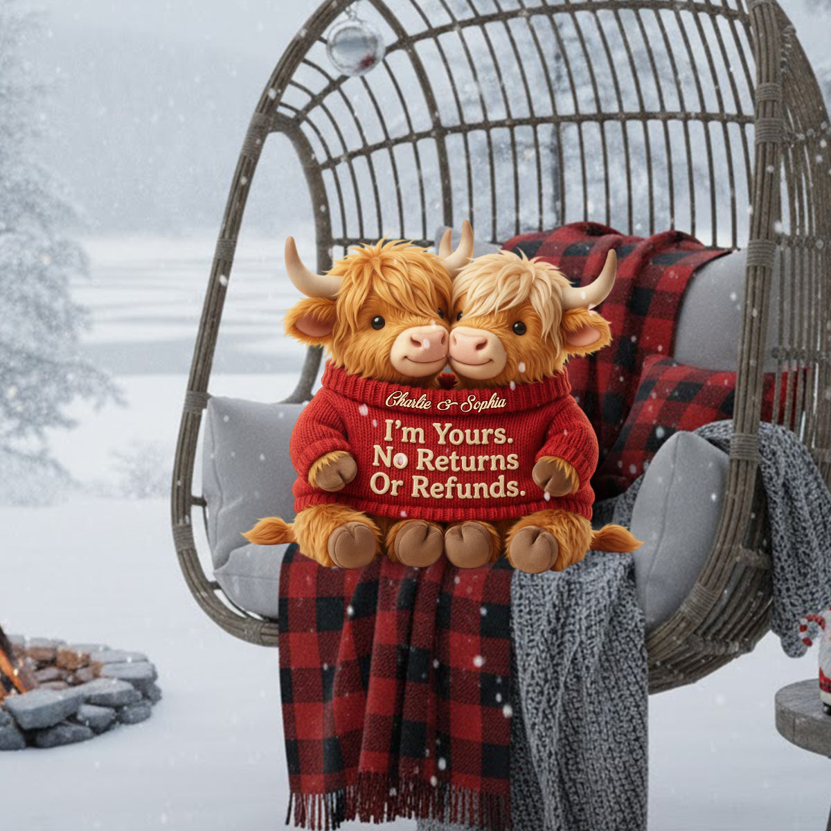 Ich gehöre dir. Keine Rückgabe oder Rückerstattung – Personalisiertes Kissen in Form eines Hochlandrindes aus Kunstfell.