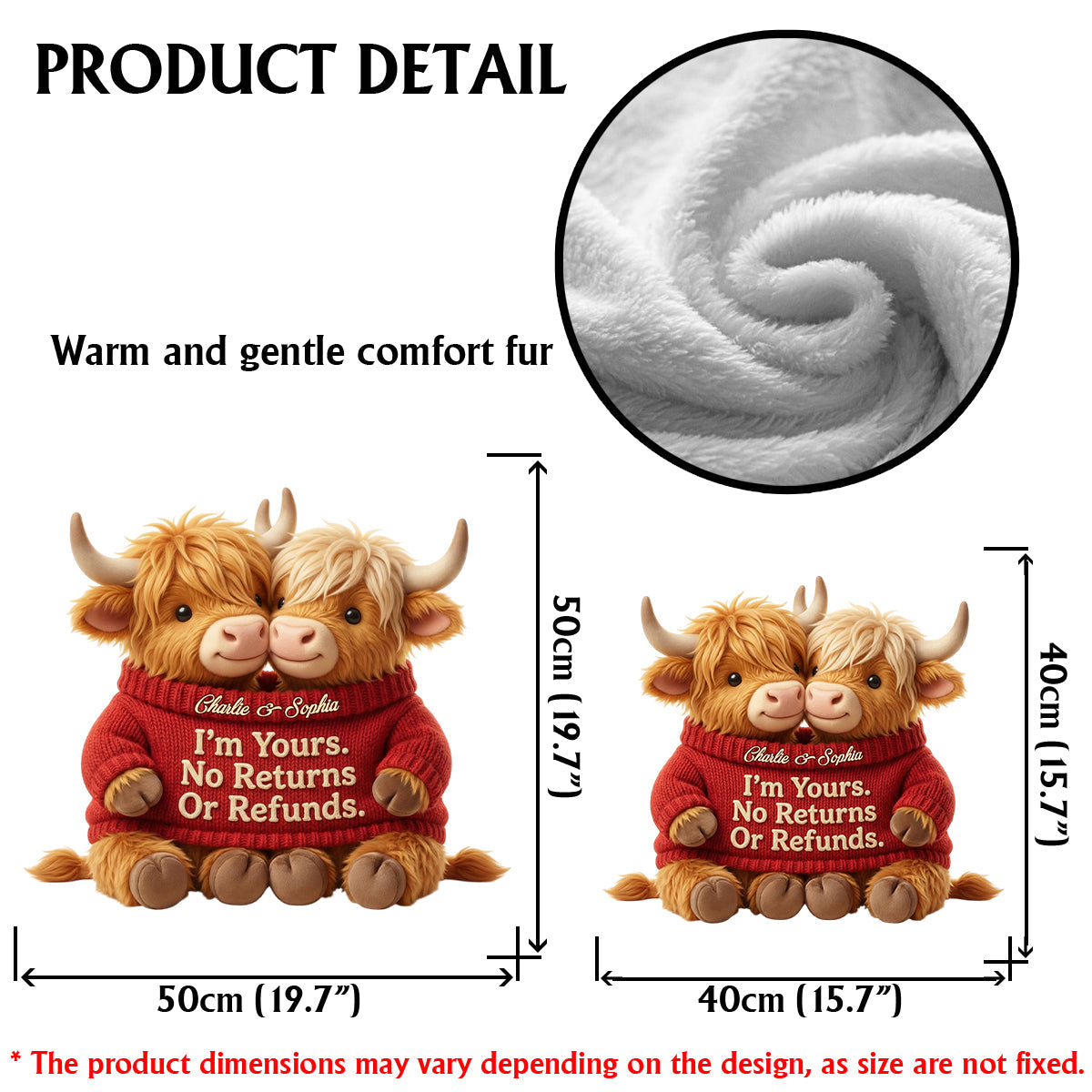 Ich gehöre dir. Keine Rückgabe oder Rückerstattung – Personalisiertes Kissen in Form eines Hochlandrindes aus Kunstfell.