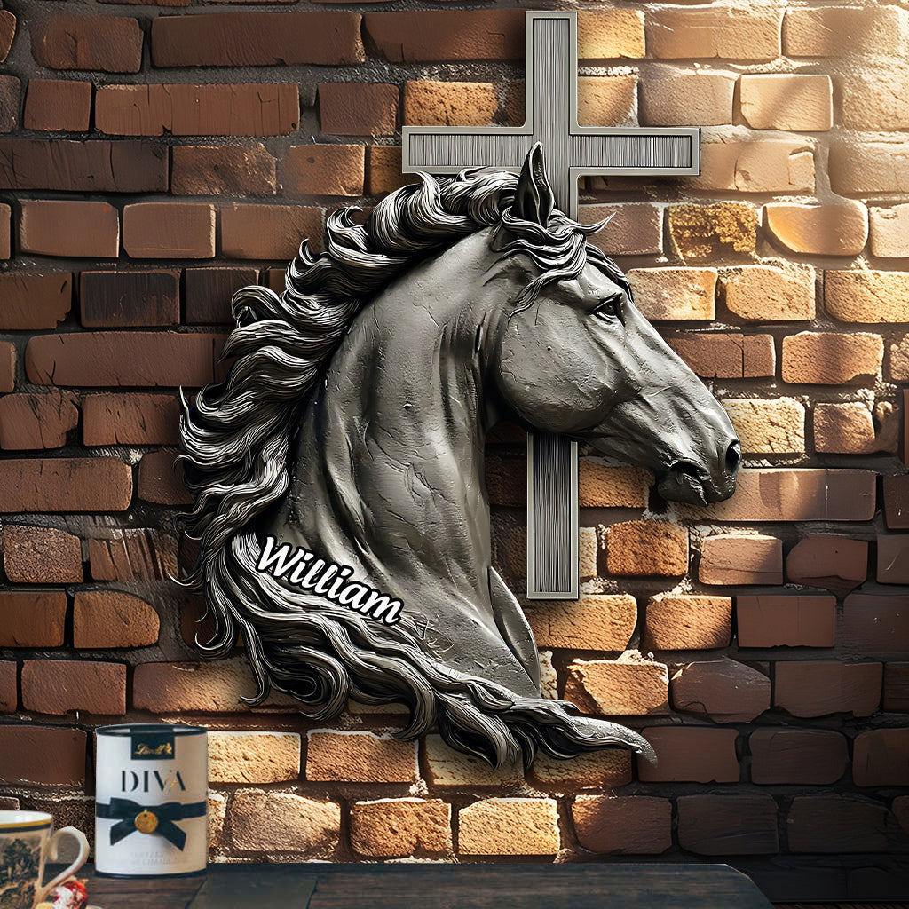 Pferd und Kreuz – Personalisiertes christliches Metallschild