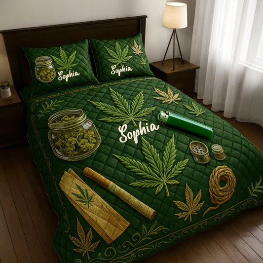 Magisches grünes und rosa Blatt - Personalisiertes Weed-Quilt-Set