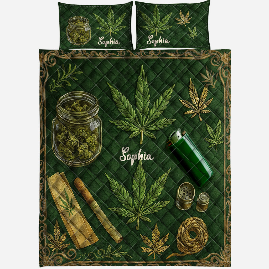 Magic Green Pink Leaf - Personalized Weed Quilt Set