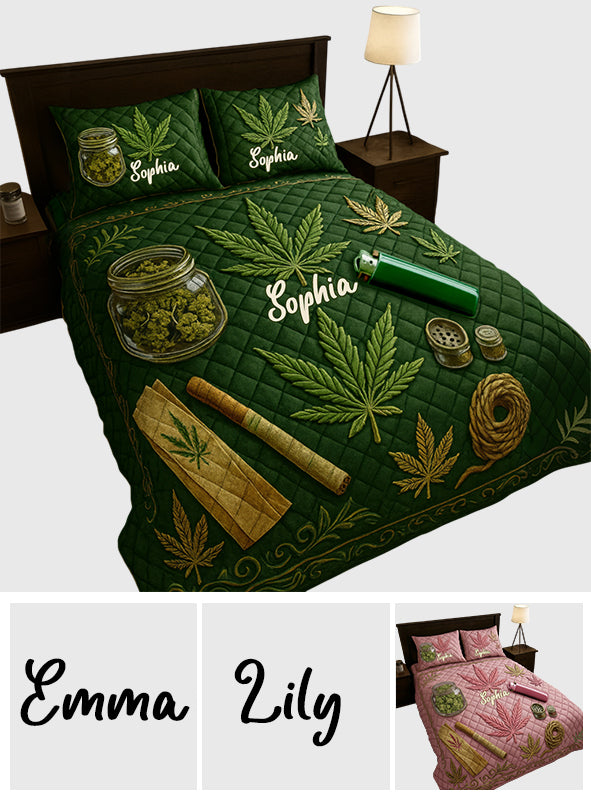 Magic Green Pink Leaf - Personalized Weed Quilt Set