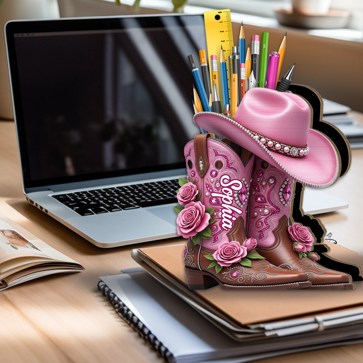 Cowgirl-Stiefel – Personalisierter Schminkpinselhalter aus Holz im Cowgirl-Stil