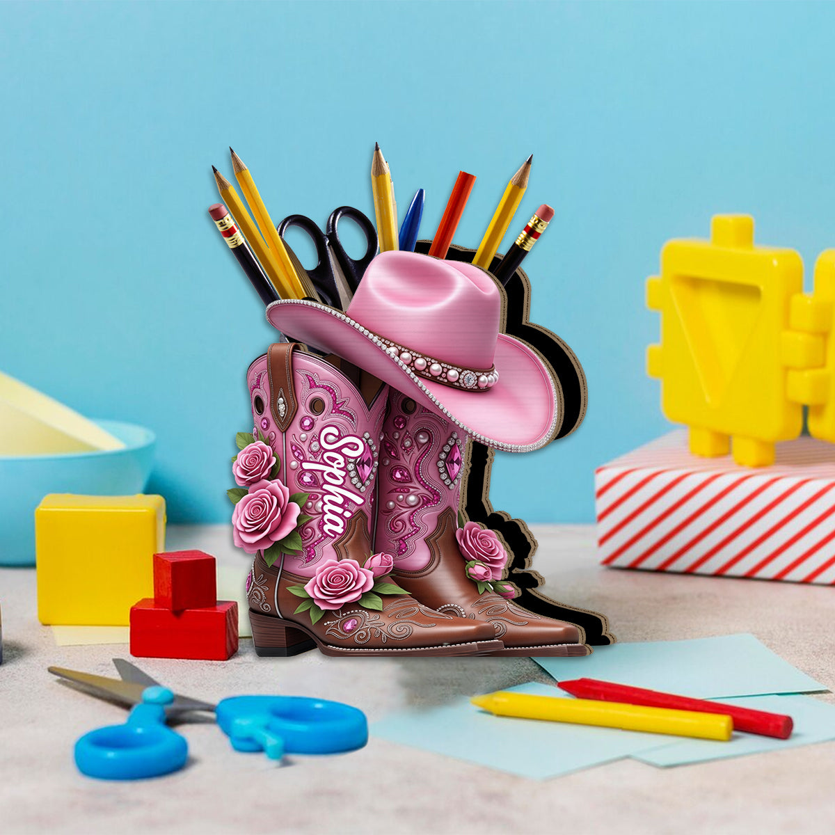 Cowgirl-Stiefel – Personalisierter Schminkpinselhalter aus Holz im Cowgirl-Stil