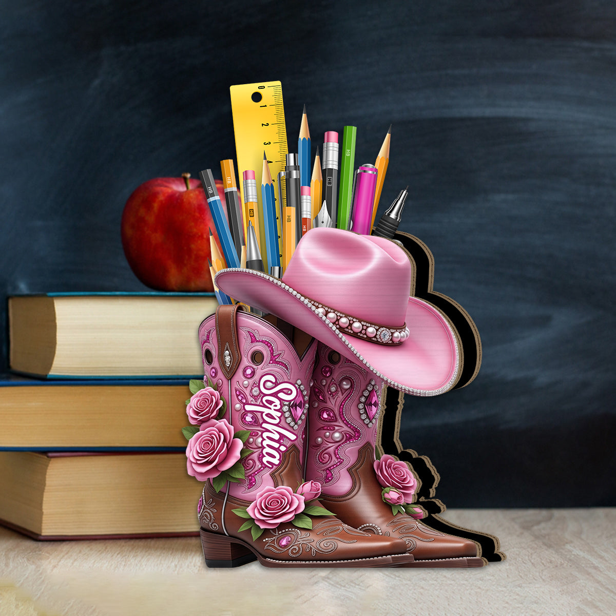 Cowgirl-Stiefel – Personalisierter Schminkpinselhalter aus Holz im Cowgirl-Stil