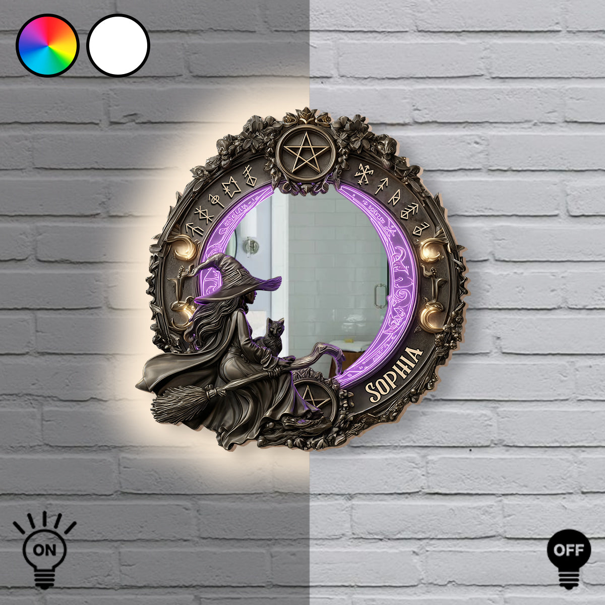 Praktische Magie – Personalisierter Hexen-Wandspiegel mit LED-Beleuchtung