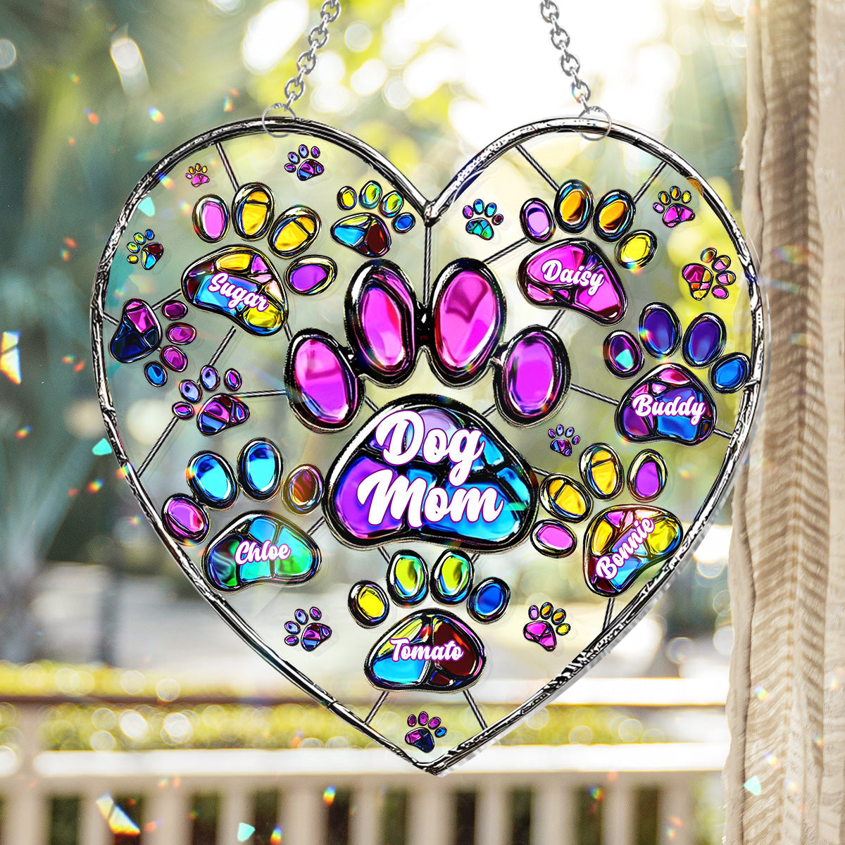 Bunte Herzpfoten-Hundemama – Personalisierter Hunde-Fensterhänger als Sonnenfänger