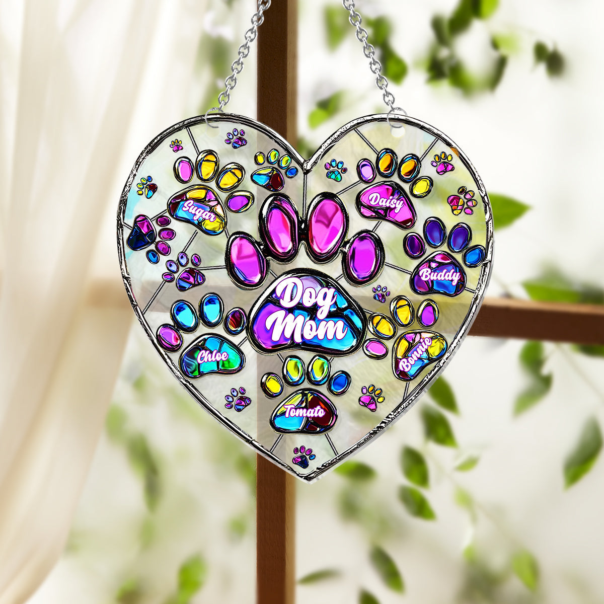 Bunte Herzpfoten-Hundemama – Personalisierter Hunde-Fensterhänger als Sonnenfänger