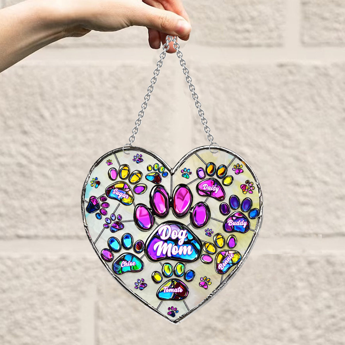 Bunte Herzpfoten-Hundemama – Personalisierter Hunde-Fensterhänger als Sonnenfänger