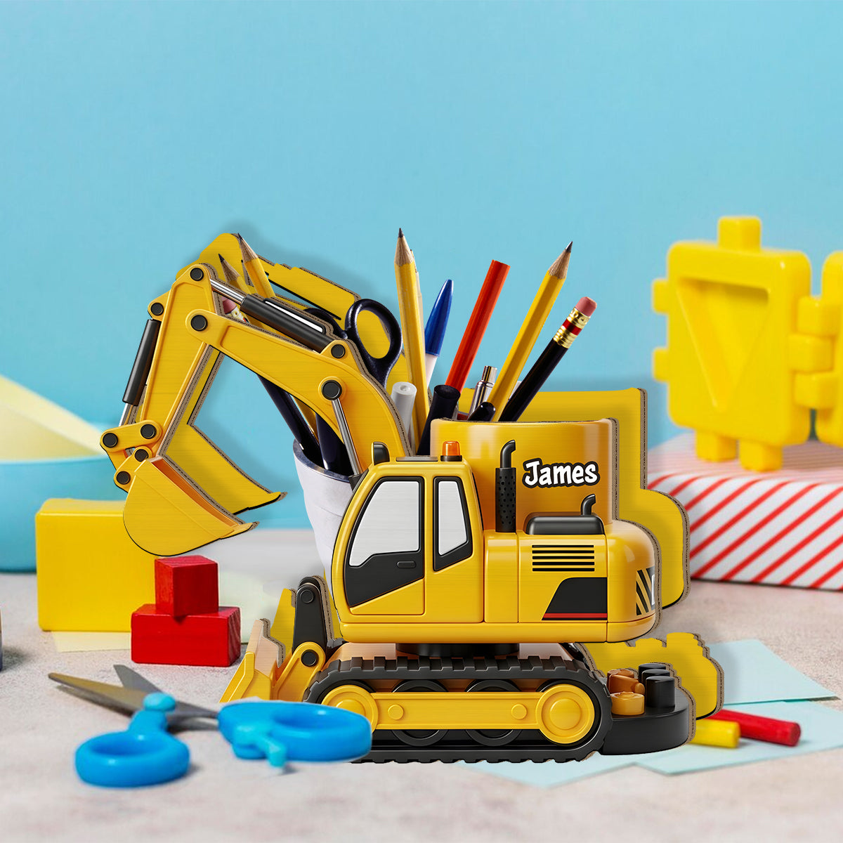 Cooles Baustellenfahrzeug – personalisierter Stiftehalter aus Holz für Kinder