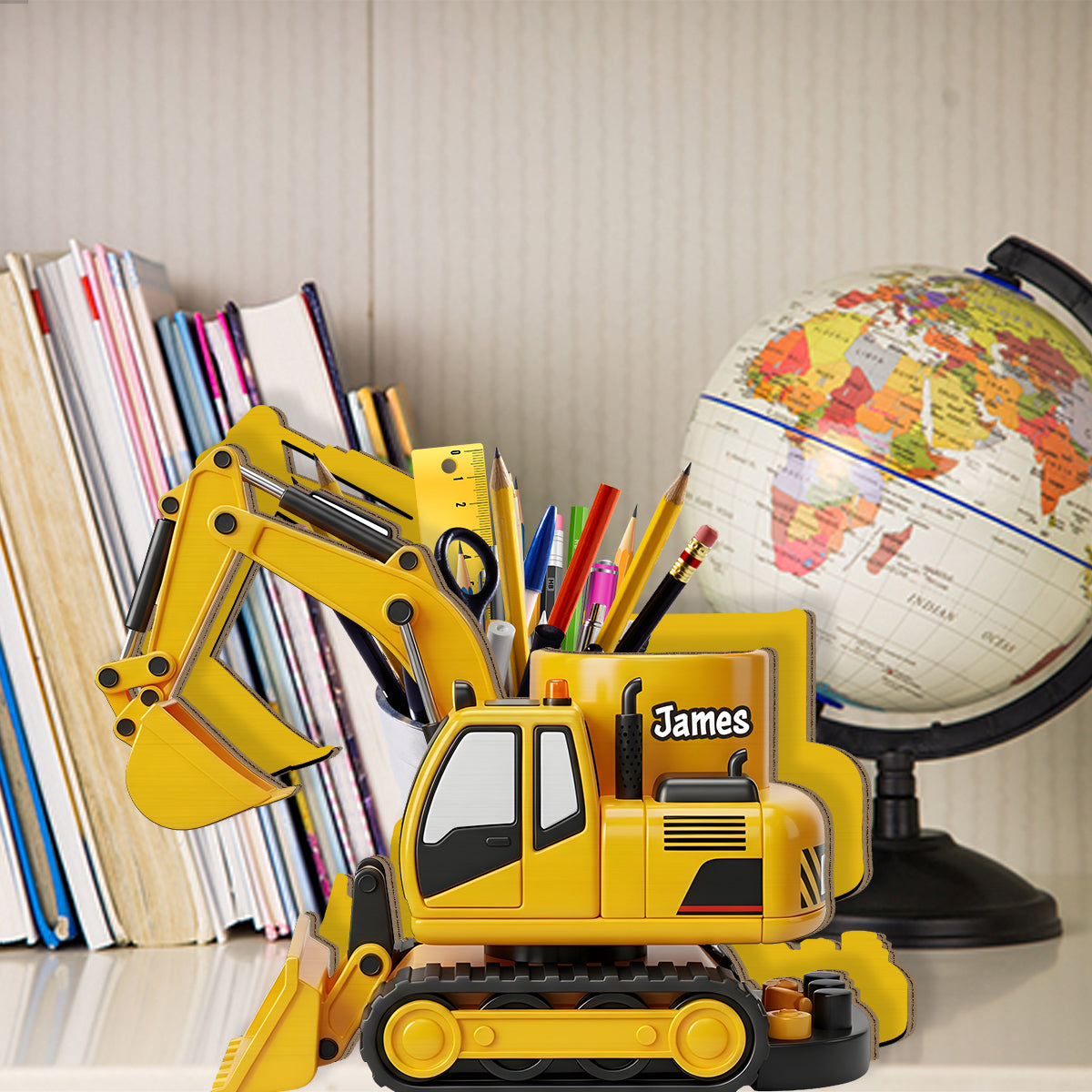 Cooles Baustellenfahrzeug – personalisierter Stiftehalter aus Holz für Kinder